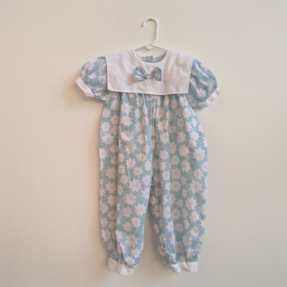 Vtg 80s Color Kids Jumpsuit 24m Girls Blue Floral Retro